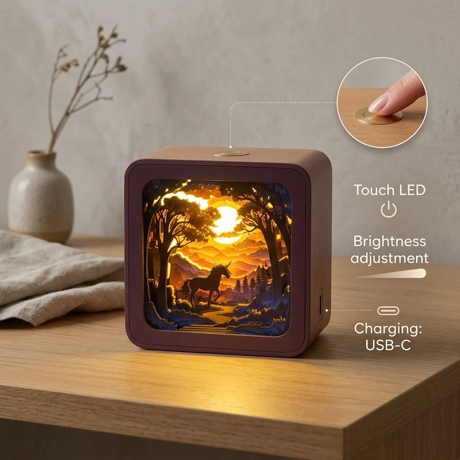 Wooden Forest Fantasy Unicorn Night Light Kit Magical Creature LED