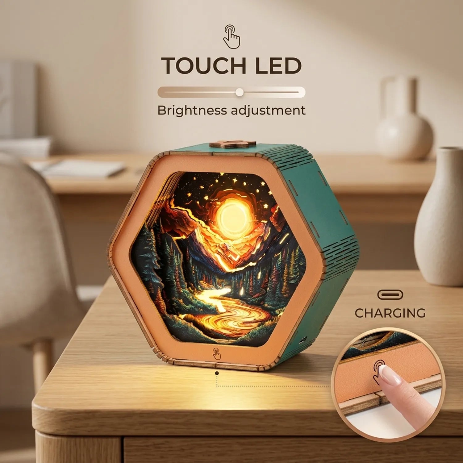 Wooden Iridescent Sunset Night Light Kit Vibrant Landscape Shadow Box
