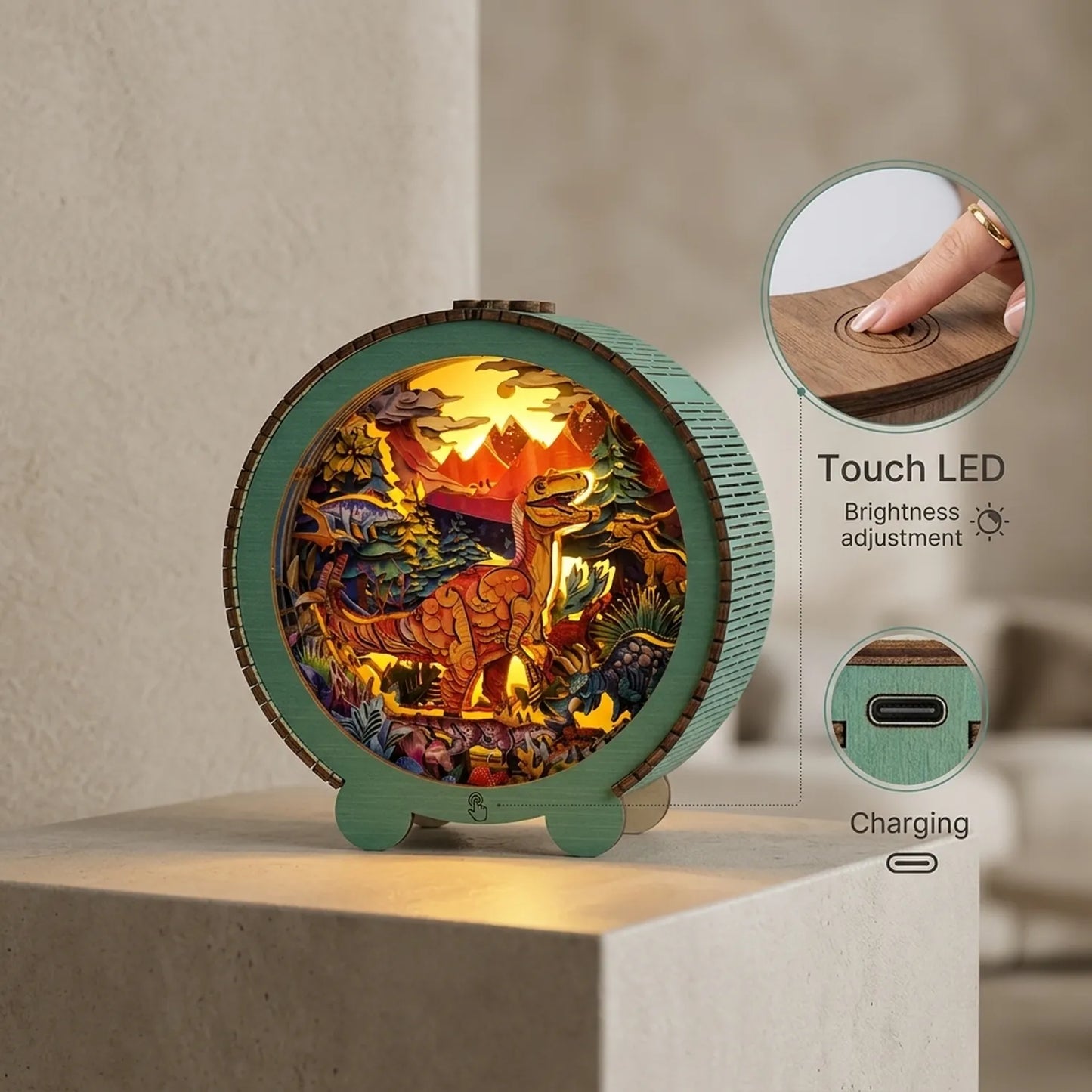 Wooden Dinosaur Park Night Light Kit Prehistoric Theme Kids Lamp