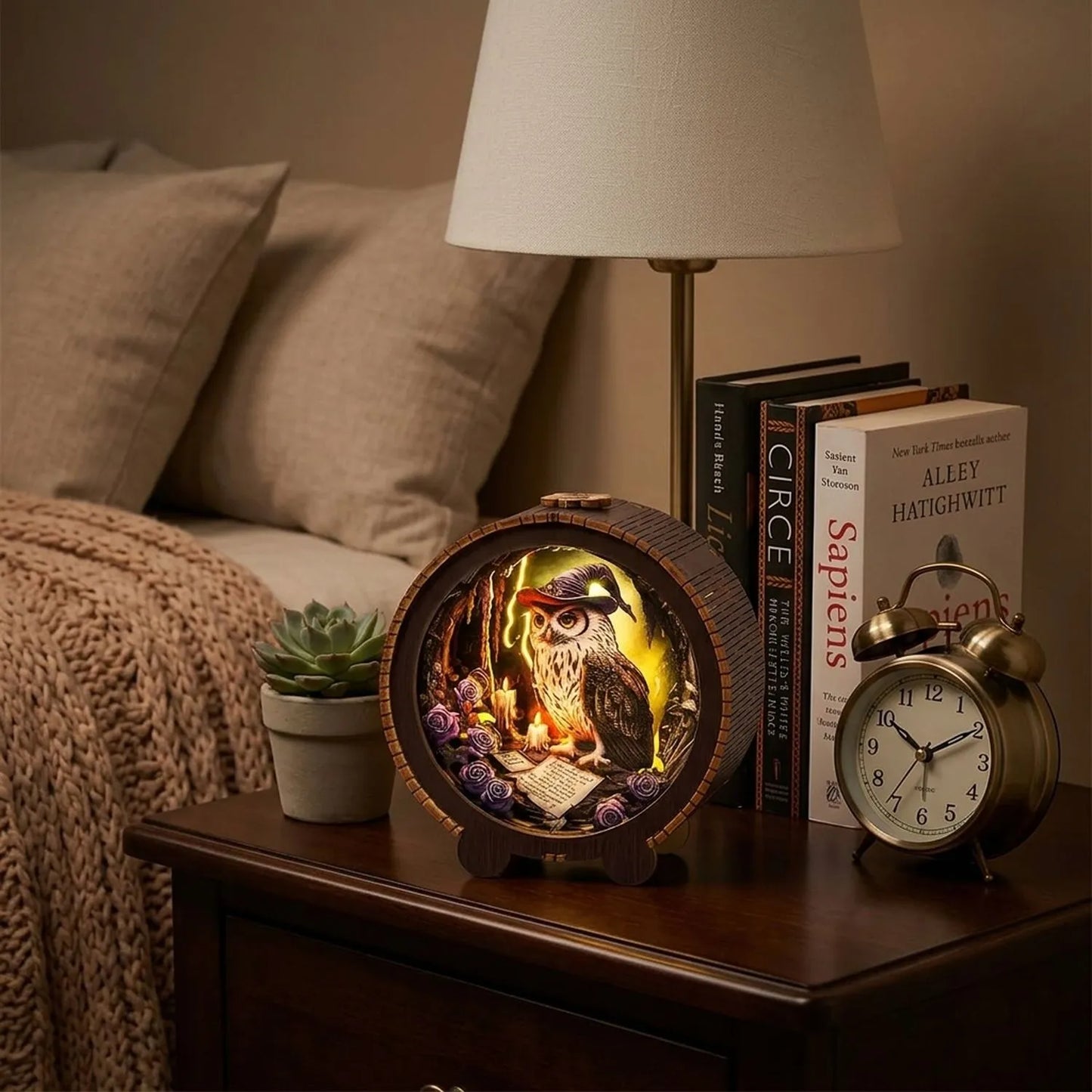 Wooden Witch Owl Night Light Kit Halloween Fantasy Shadow Box LED