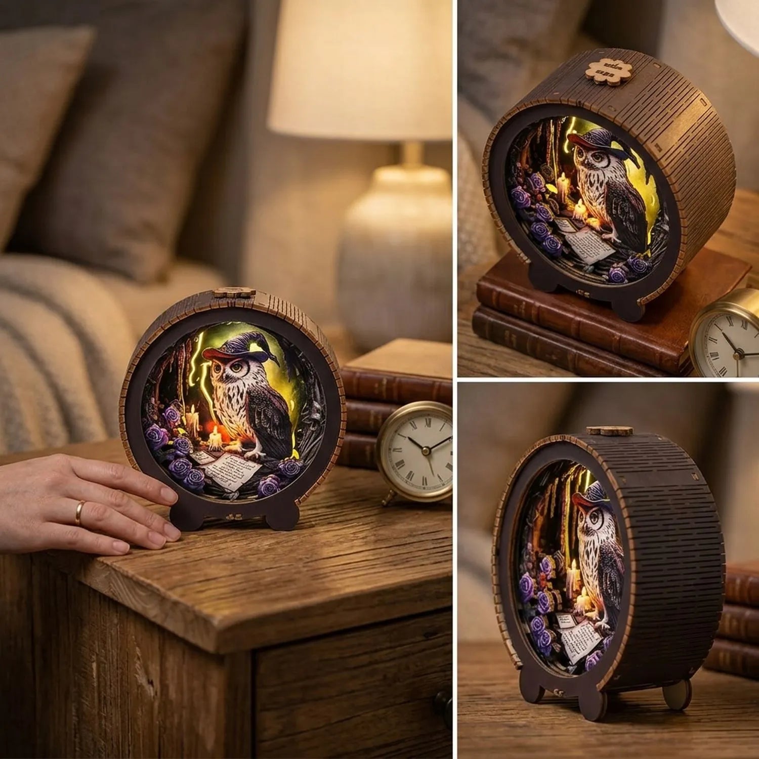 Wooden Witch Owl Night Light Kit Halloween Fantasy Shadow Box LED