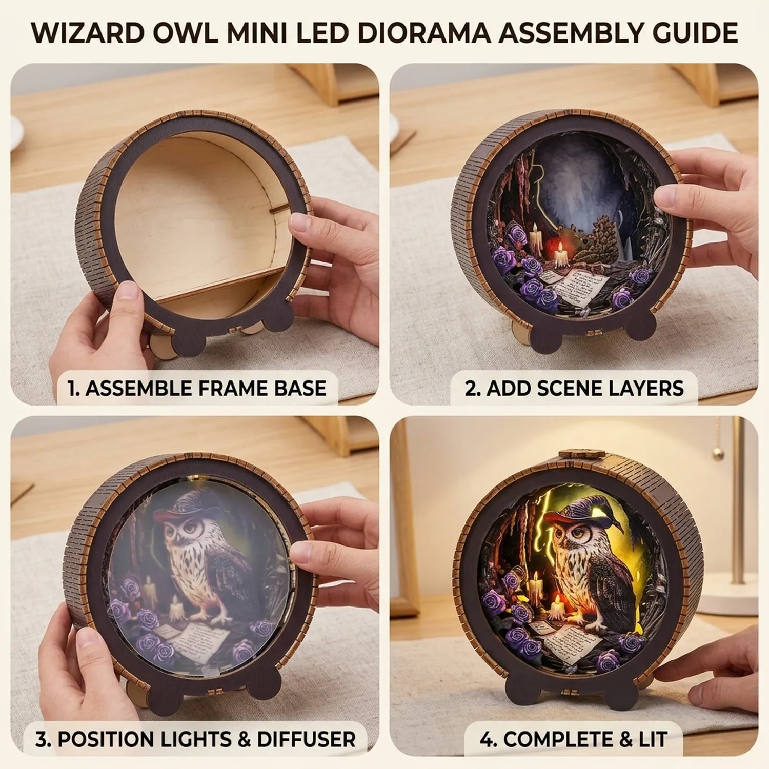 Wooden Witch Owl Night Light Kit Halloween Fantasy Shadow Box LED