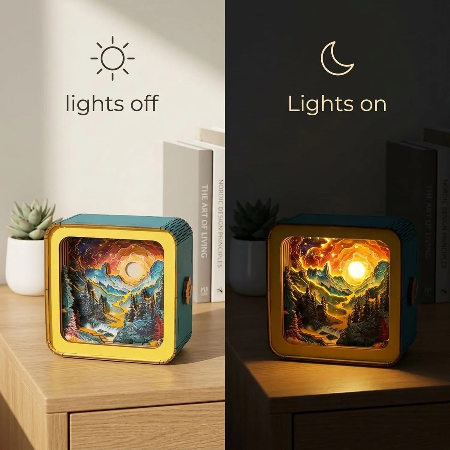 Wooden Fantasy Mountains Night Light Kit Ethereal Nature Shadow Box
