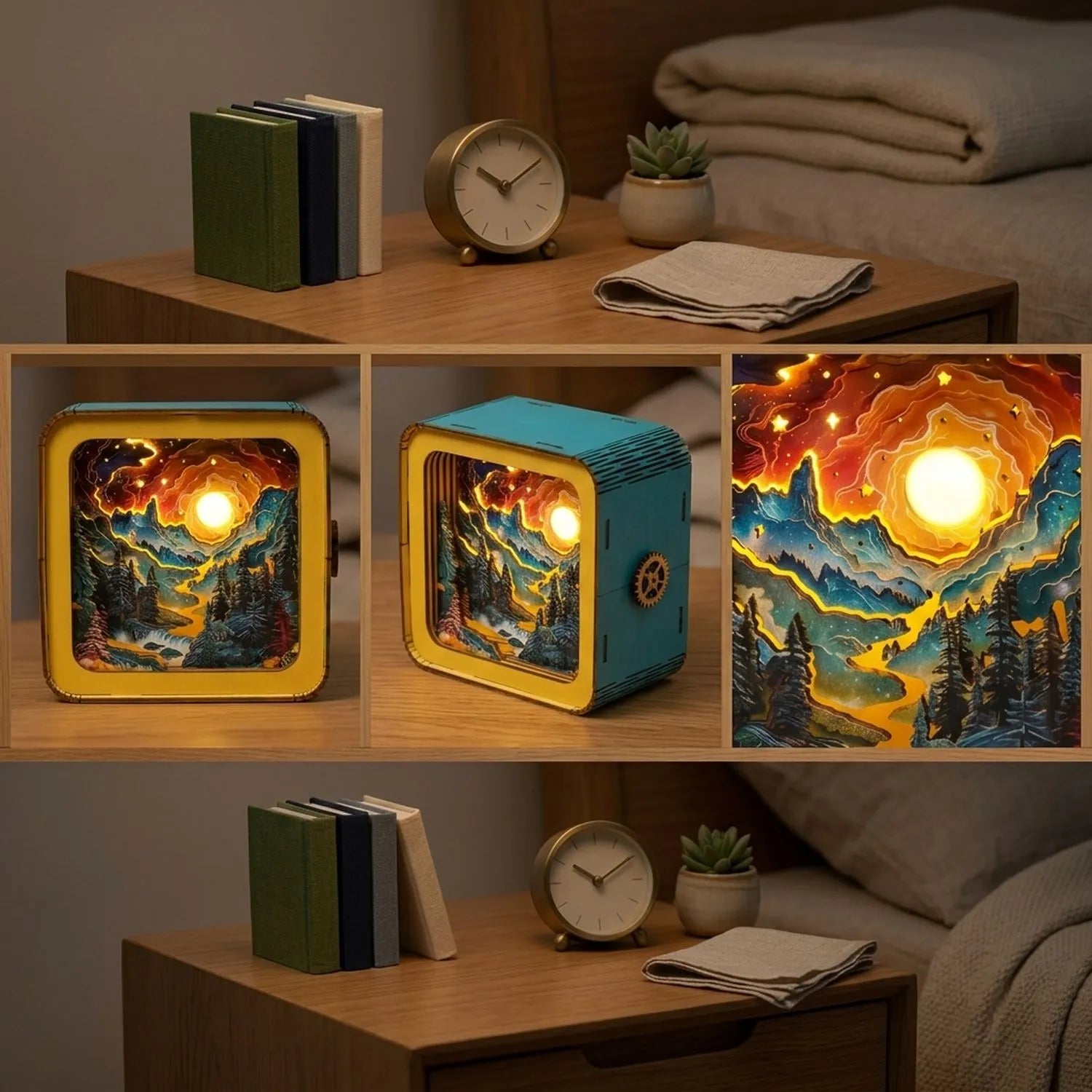 Wooden Fantasy Mountains Night Light Kit Ethereal Nature Shadow Box
