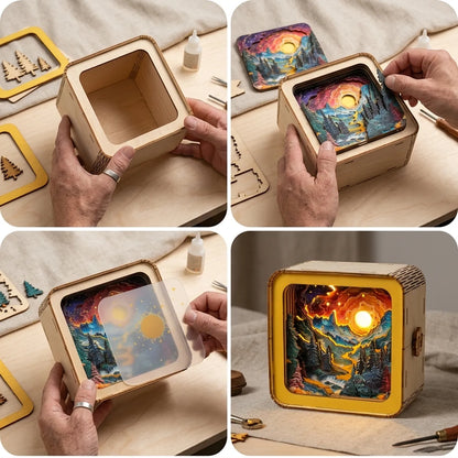 Wooden Fantasy Mountains Night Light Kit Ethereal Nature Shadow Box