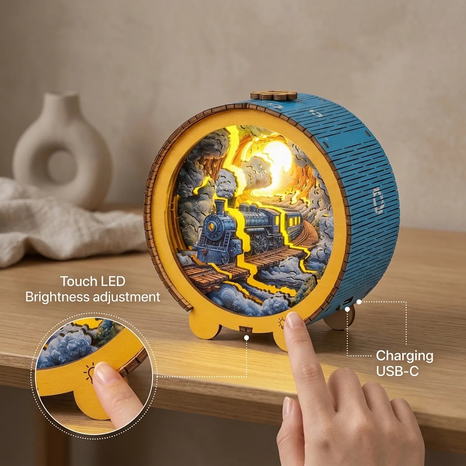 Wooden Steam Train Night Light Kit Classic Locomotive LED Decor