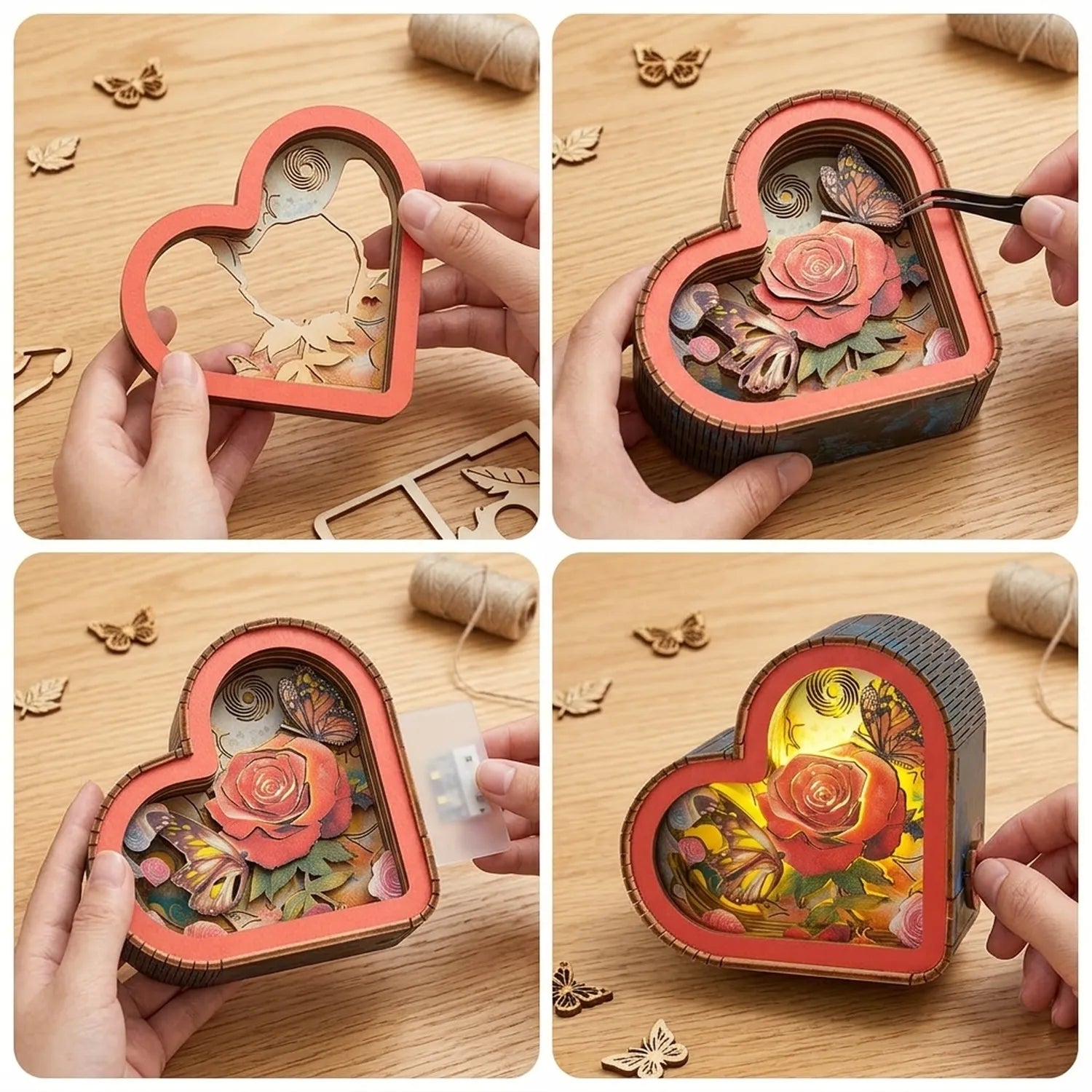 Wooden Love of Butterfly Night Light Kit Floral Garden Shadow Box