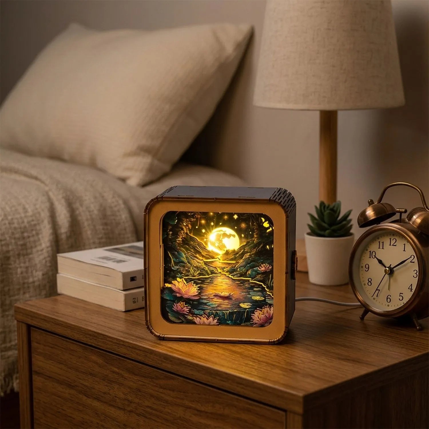 Wooden Moonlight Over Lotus Pond Night Light Kit Zen Nature Lamp