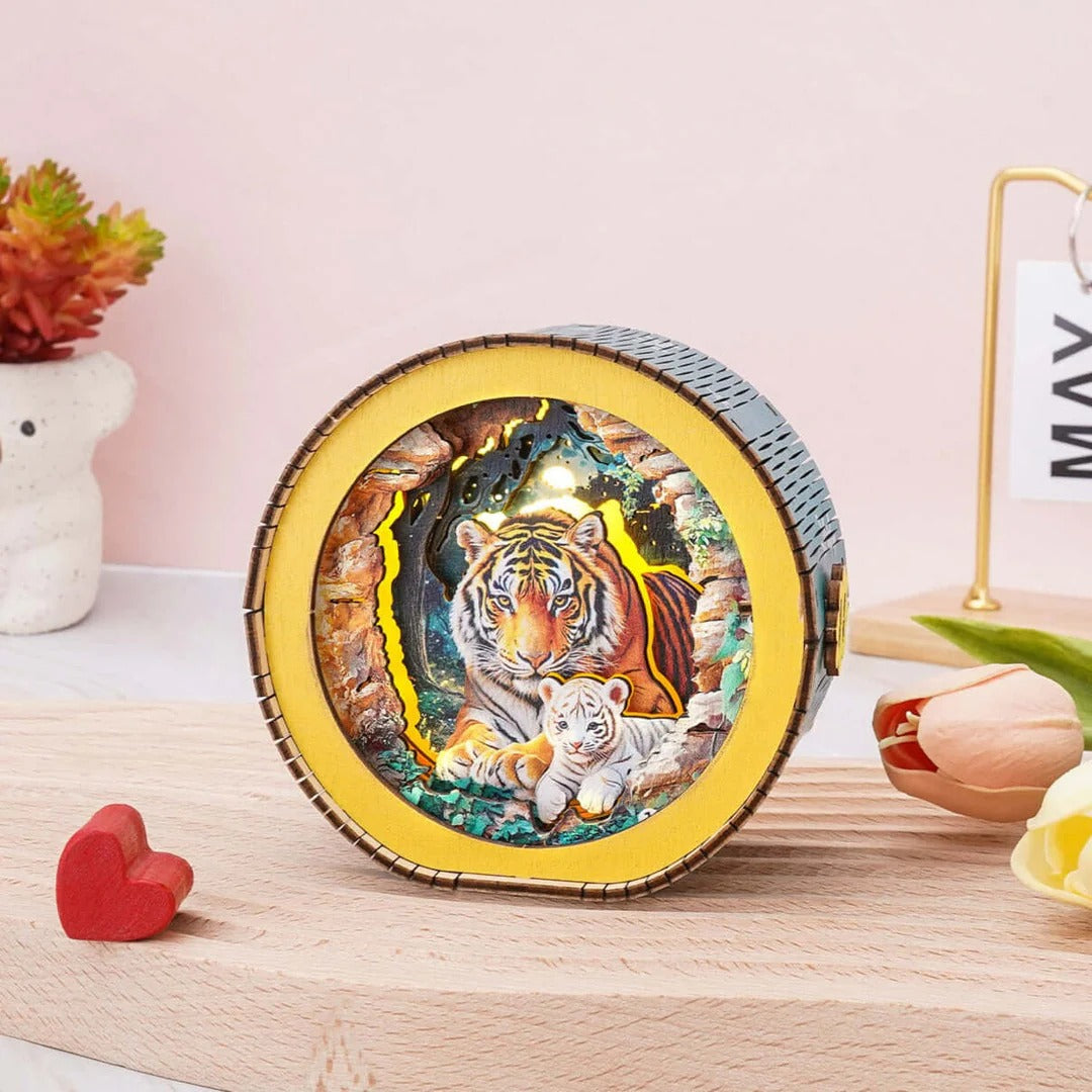 Tiger Mother In The Jungle - 3D Wooden Puzzle Night Light