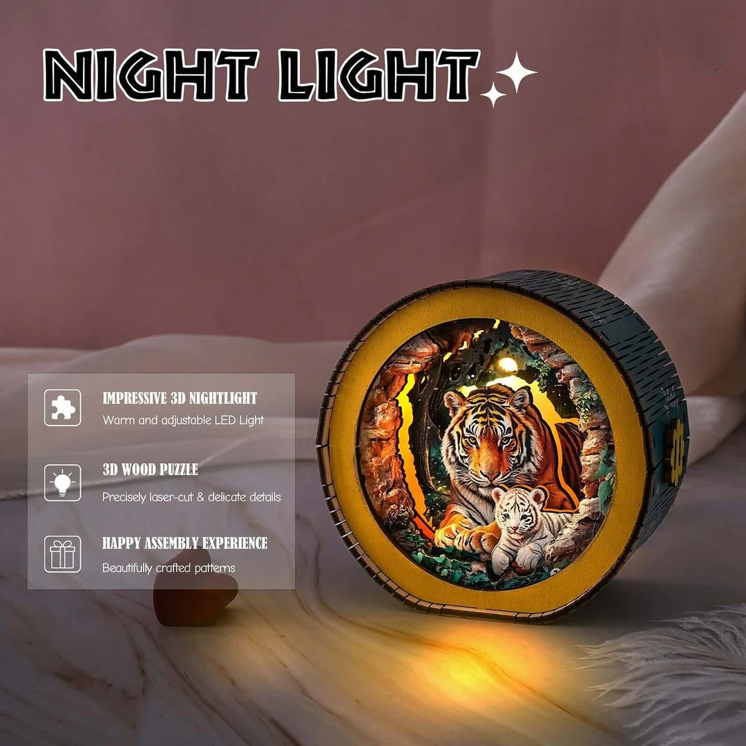 Tiger Mother In The Jungle - 3D Wooden Puzzle Night Light